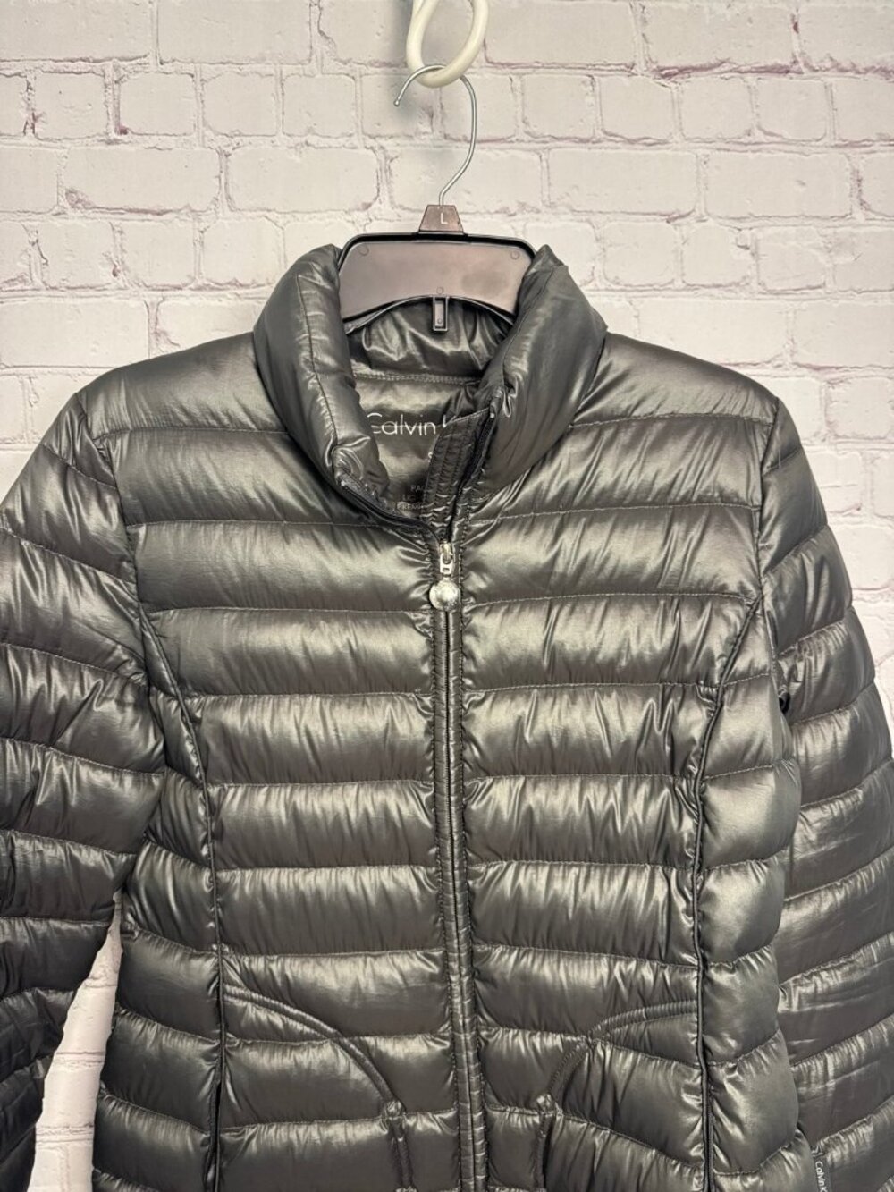 Calvin Klein puffy gray jacket metallic packable puffer coat ladies small - Picture 2 of 5
